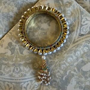 Asian Indian White/Gold Pearl Bangle with Pearl Tassel
